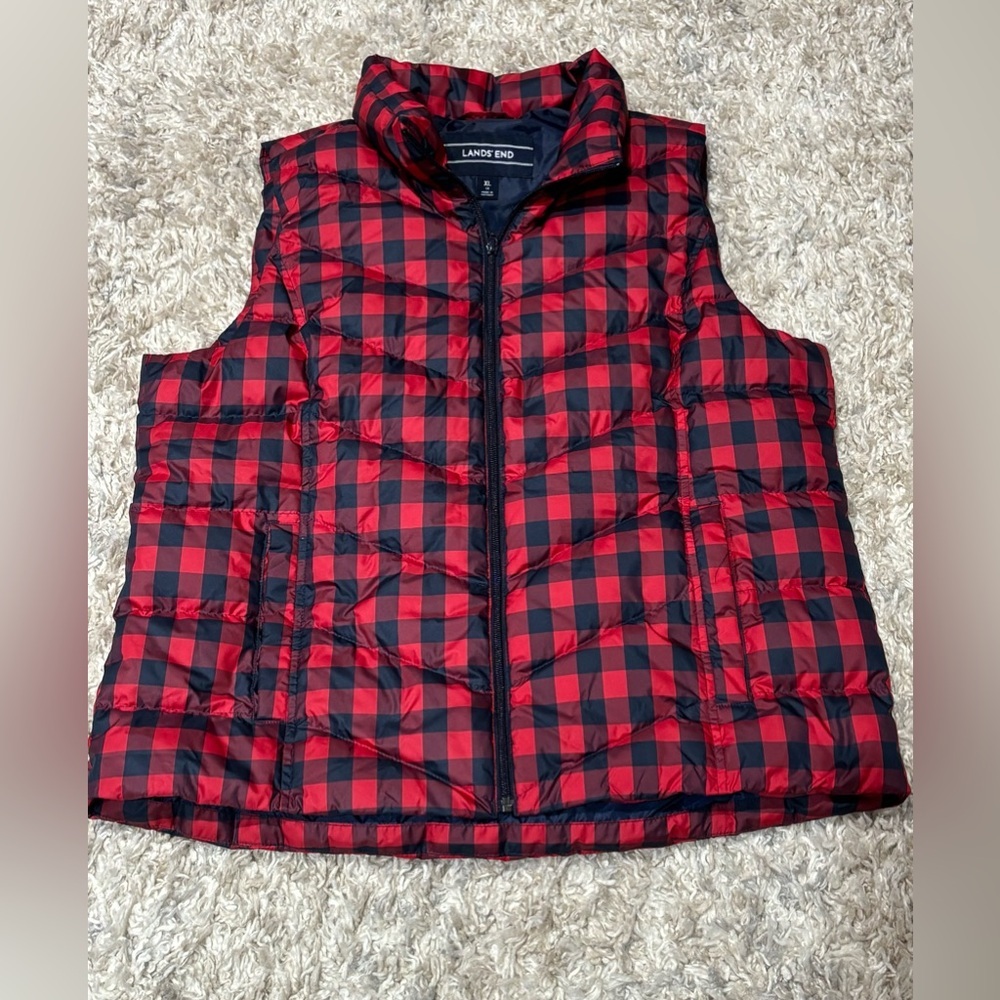 Lands' End Women's XL Down Puffer Vest Red Plaid